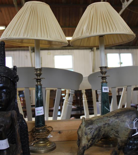 Pair of brass and green marble table lamps